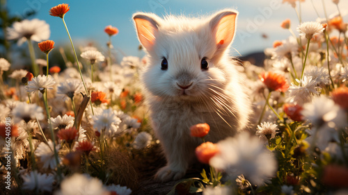 rabbit sitting in flower grass in the spring