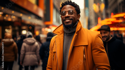 young african man with stylish hairstyle in black coat with stylish sunglasses and hat walks around city street at night.