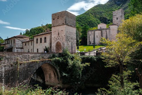 View of historic abbey of Saint Victor in the Marche region, Italy