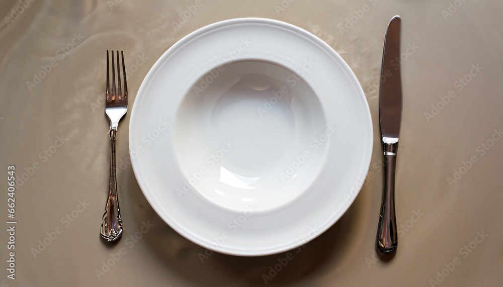 Template empty plate in expensive luxury restaurant. Tableware serving mockup, copy space.