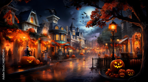 Medieval Halloween street with people lit by lanterns, pumpkins hanging from trees, decorations on houses, lots of lights and flying bats