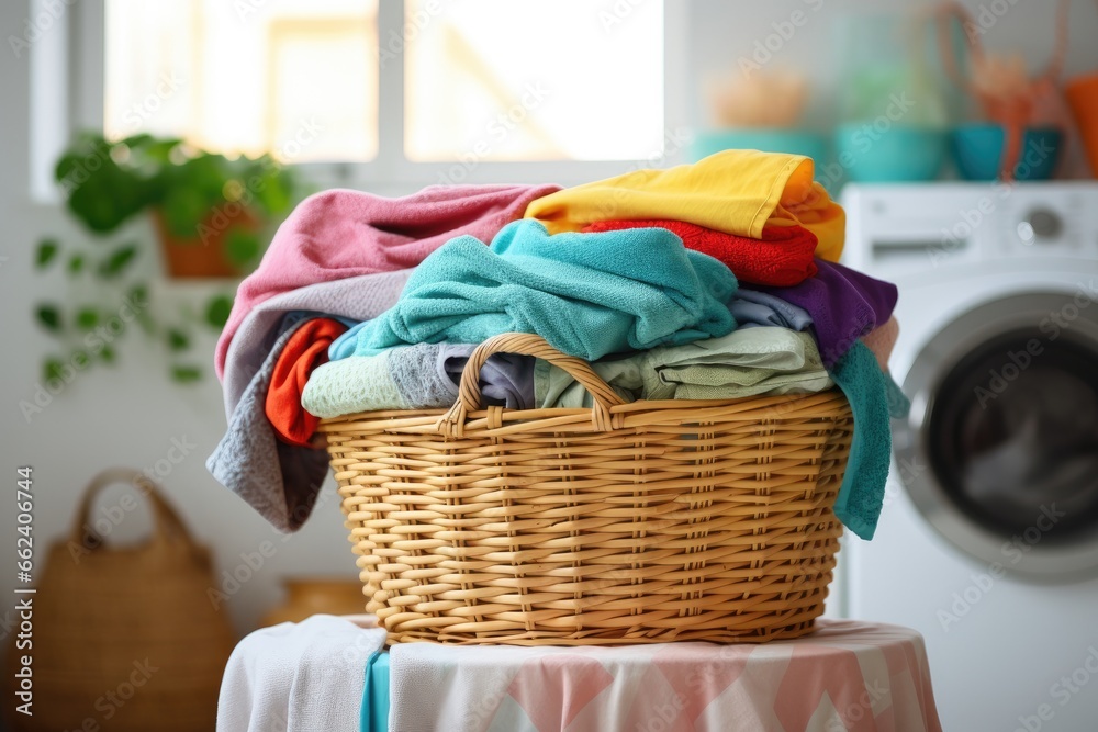 A stack of freshly washed clothes of different soft and fluffy colors in a basket with a washing machine in the background. - obrazy, fototapety, plakaty 