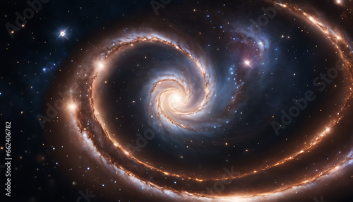 a spiral galaxy with bright lights and stars.