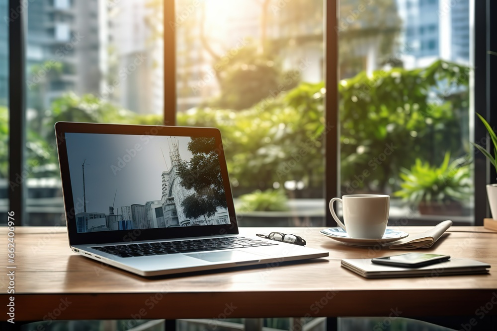 Fototapeta premium cup of coffee and laptop