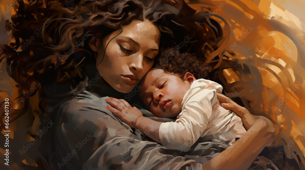 portrait of woman and child hugging in bed and sleep, mother and baby hug