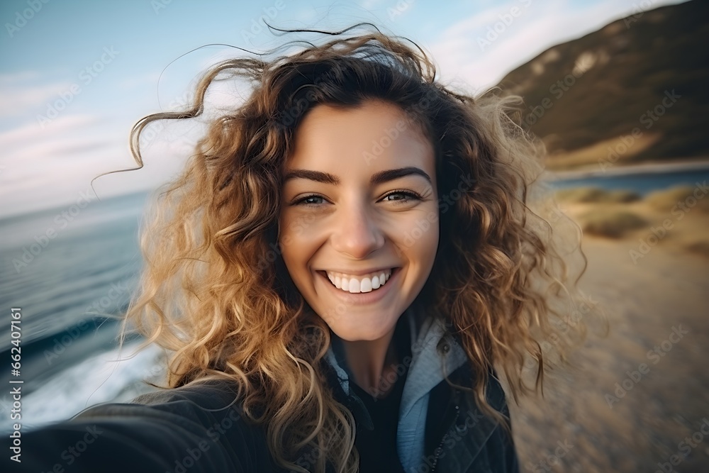 Young woman taking selfie on the beach.