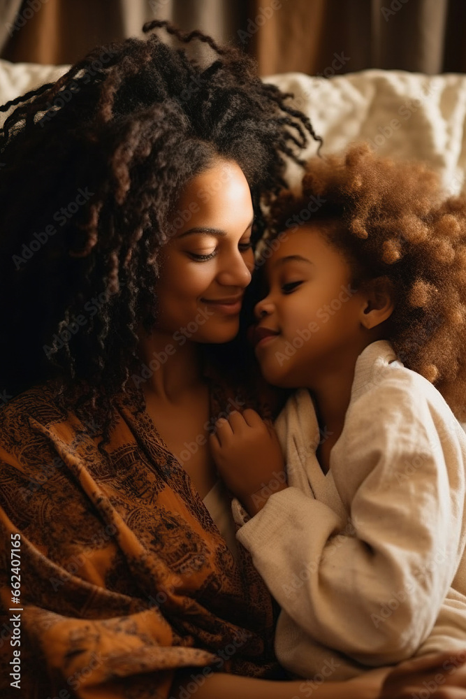 portrait of african american black woman and child hugging in bed and sleep, mother and baby hug in bedroom portrait of african american black woman and child hugging in bed and sleep, mother and baby hug in bedroom