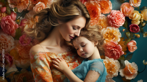 portrait of woman and child hugging on background with flowers, mother and baby hug