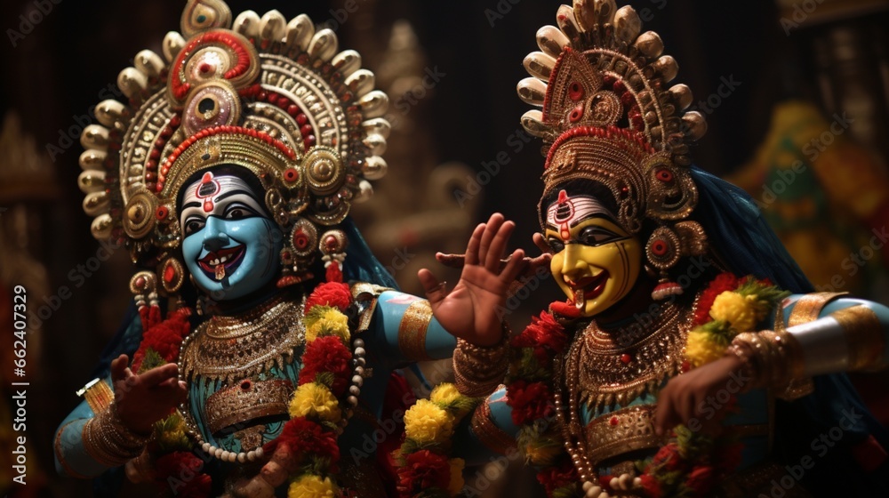 Traditional Yakshagana performers enacting a mythological scene, their elaborate costumes adding to the grandeur.