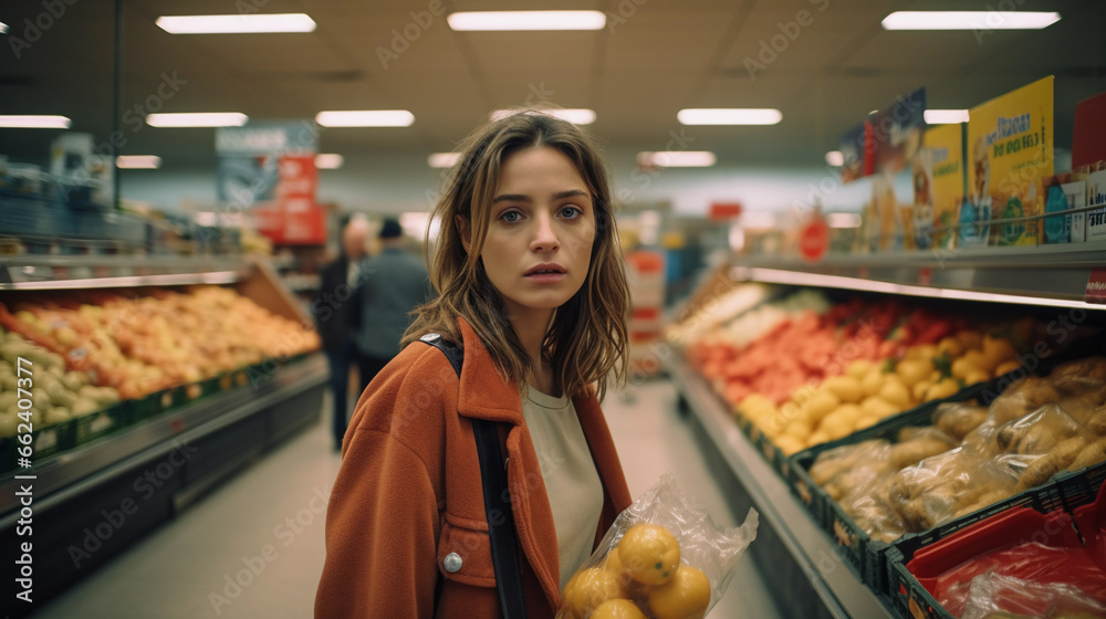 Young adult depressed french woman shopping in a supermarket for groceries, looking at camera without having any idea what to choose