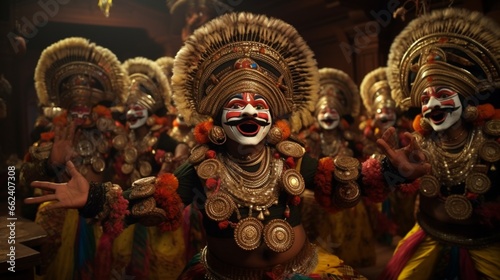 Traditional Yakshagana performers enacting a mythological scene, their elaborate costumes adding to the grandeur.
