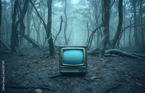 old television with blue tone in the forest