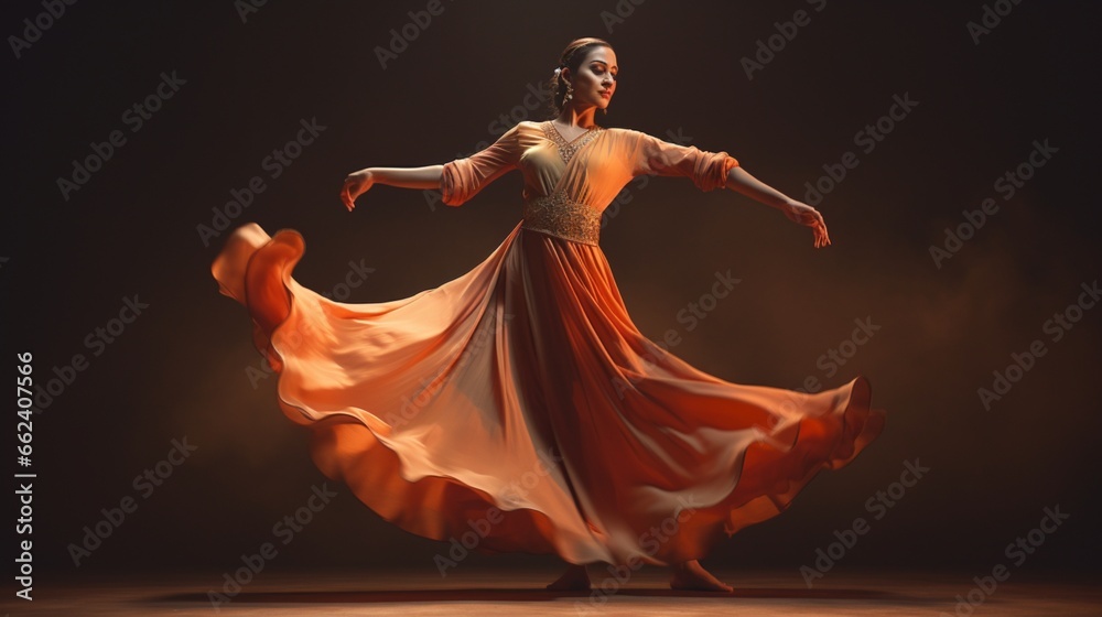 A dynamic Kathak performance, the dancer's swift footwork and expressive hand gestures showcasing the art's complexity. - obrazy, fototapety, plakaty 