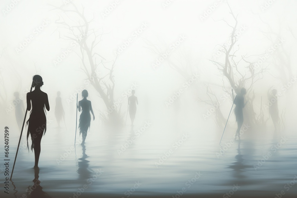 Fototapeta premium Elusive mist walkers, traversing through dense fog and hidden realms - Generative AI