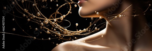 Jewelry fashion banner, cropped woman in luxury creative golden pearls jewels, glamour female african American model with beauty face makeup wearing expensive gold stylish Jewelry on black background. photo