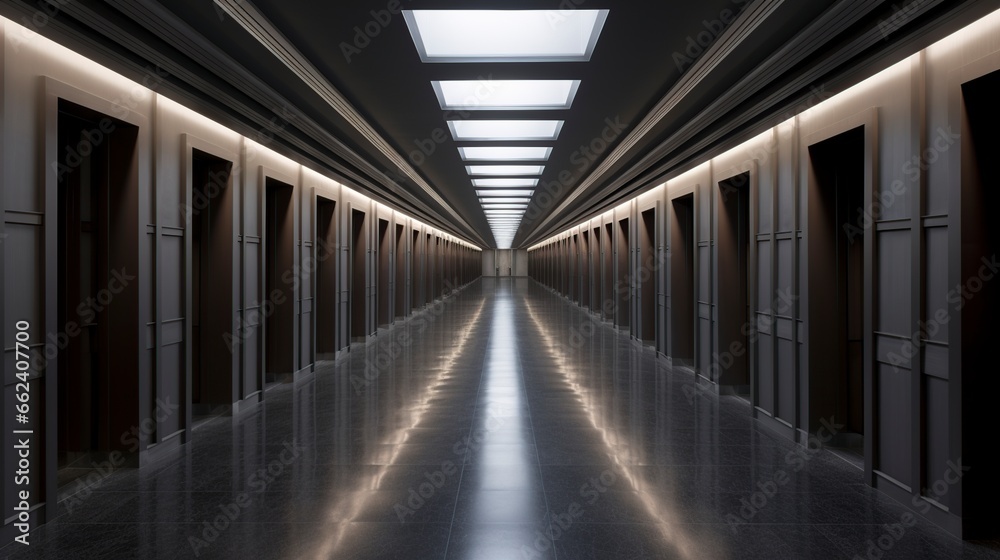 dark interior corridor leading to the office