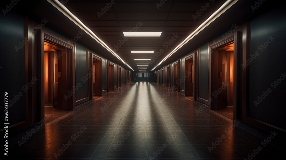 dark interior corridor leading to the office