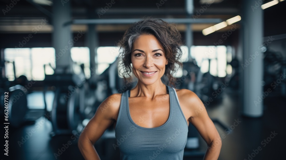 Confident mature Latina woman posing at a gym looking at the camera. Baner with copy space