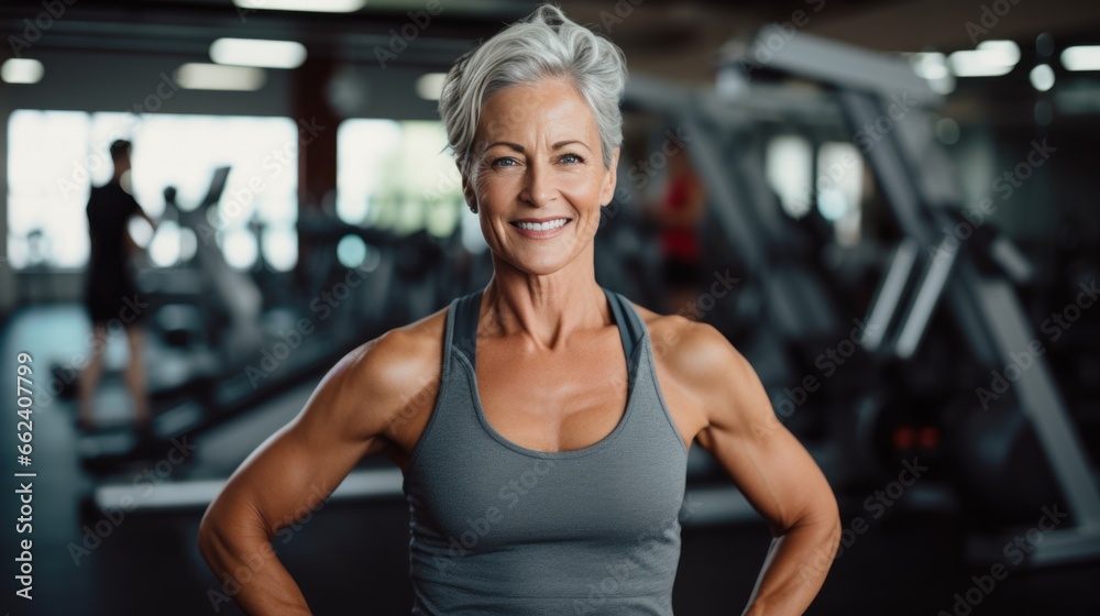 Fototapeta premium Mature woman in a grey top posing at a gym looking at the camera