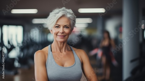 Confident mature woman in a gym, posing and making eye contact with the camera