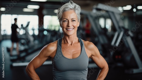 Mature woman in a grey top posing at a gym looking at the camera