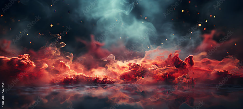 A fiery toned red sky and abstract black and gradient or colorful background with smoke and flame effects Wide banner for design, Generative AI