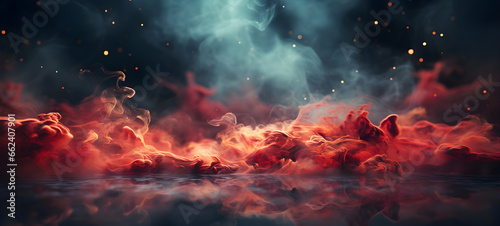 A fiery toned red sky and abstract black and gradient or colorful background with smoke and flame effects Wide banner for design, Generative AI