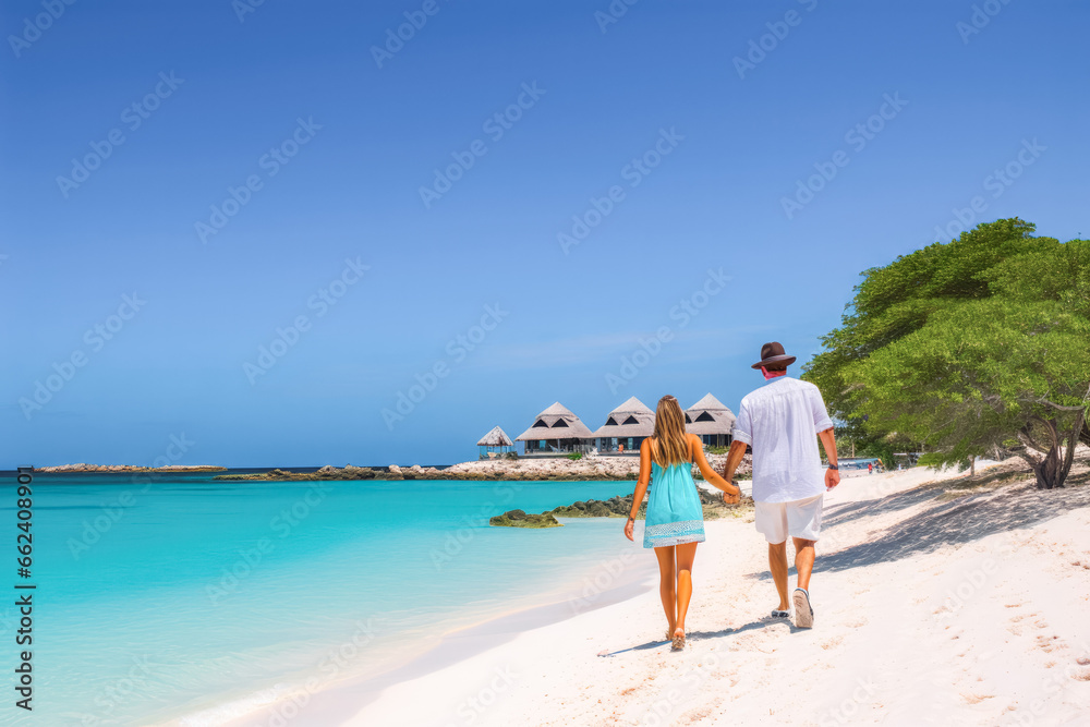 A couple on a beach. Man and woman walking on the coast of Tres Trapi Aruba. Peaceful blue skies and turquoise waters in Aruba.