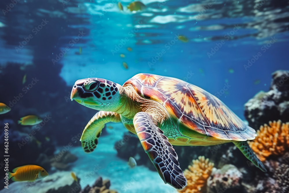 Beautiful turtle swimming among fishes in blue water. Beautiful underwater shot of a turtle and sea life in turquoise clear water.