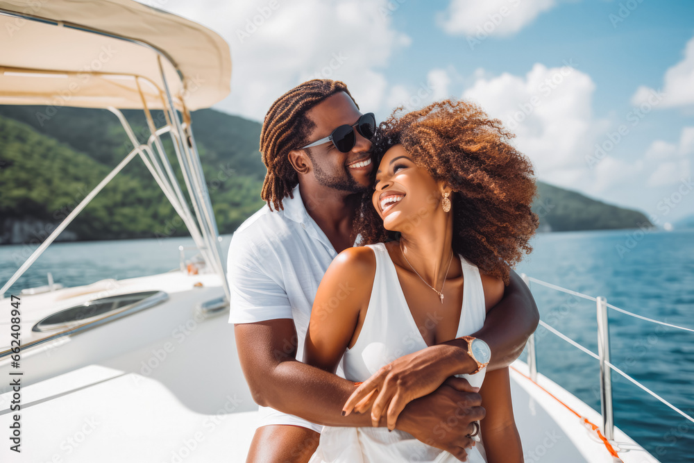 Beautiful black couple enjoying cruise vacation on a sunny day. Young couple on yacht or cruise in the Caribbean. Smile for the camera on sunny day. - obrazy, fototapety, plakaty 