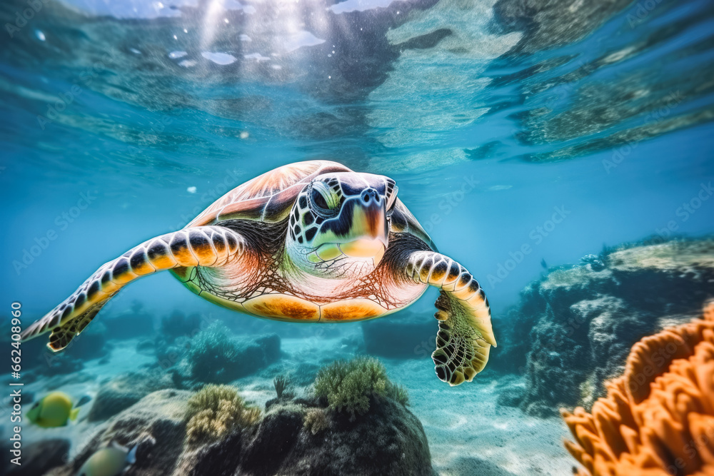 Obraz premium Beautiful turtle swimming among fishes in blue water. Beautiful underwater shot of a turtle and sea life in turquoise clear water.