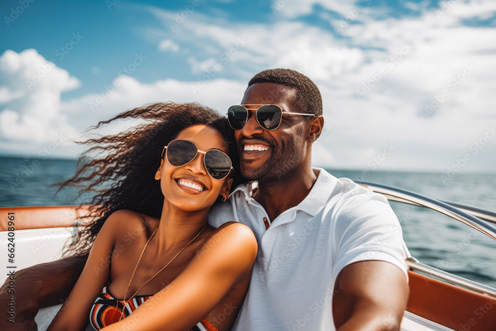 Beautiful black couple enjoying cruise vacation on a sunny day. Young couple on yacht or cruise in the Caribbean. Smile for the camera on sunny day. - obrazy, fototapety, plakaty 