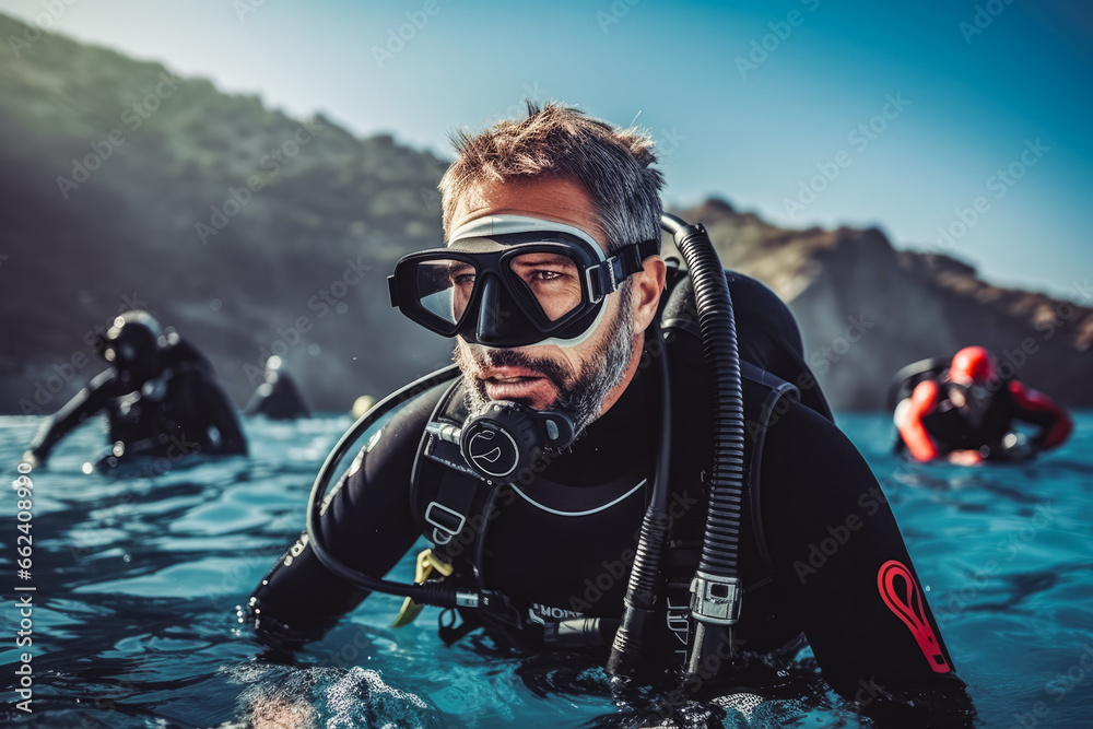Diving lessons in open waters. Scuba diver before doing a dive. Confident smiling happy scuba diver standing in water in gear before diving. - obrazy, fototapety, plakaty 