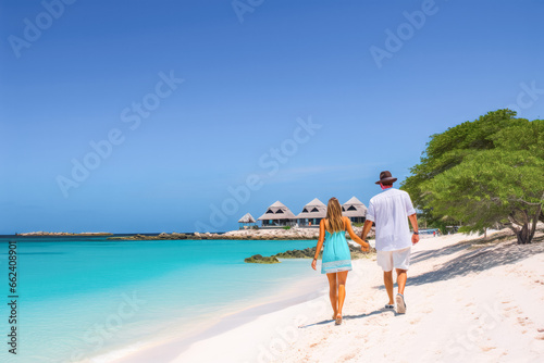 A couple on a beach. Man and woman walking on the coast of Tres Trapi Aruba. Peaceful blue skies and turquoise waters in Aruba.