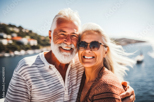 Beautiful senior couple enjoying cruise vacation on a sunny day. Retired couple on cruise in the Caribbean. © VisualProduction