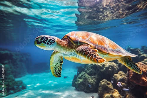 Beautiful turtle swimming among fishes in blue water. Beautiful underwater shot of a turtle and sea life in turquoise clear water. © VisualProduction