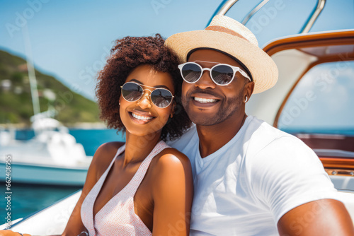 Beautiful black couple enjoying cruise vacation on a sunny day. Young couple on yacht or cruise in the Caribbean. Smile for the camera on sunny day.