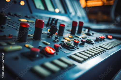 Control panel of industrial cargo ship closeup photo. Unfocused image of large communications control panel background. Communications control panel