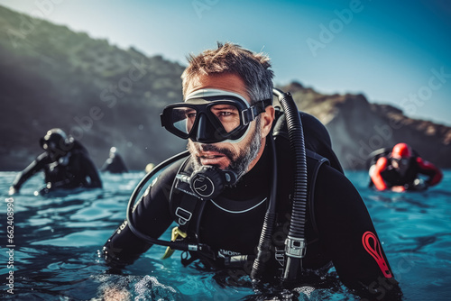 Diving lessons in open waters. Scuba diver before doing a dive. Confident smiling happy scuba diver standing in water in gear before diving. photo