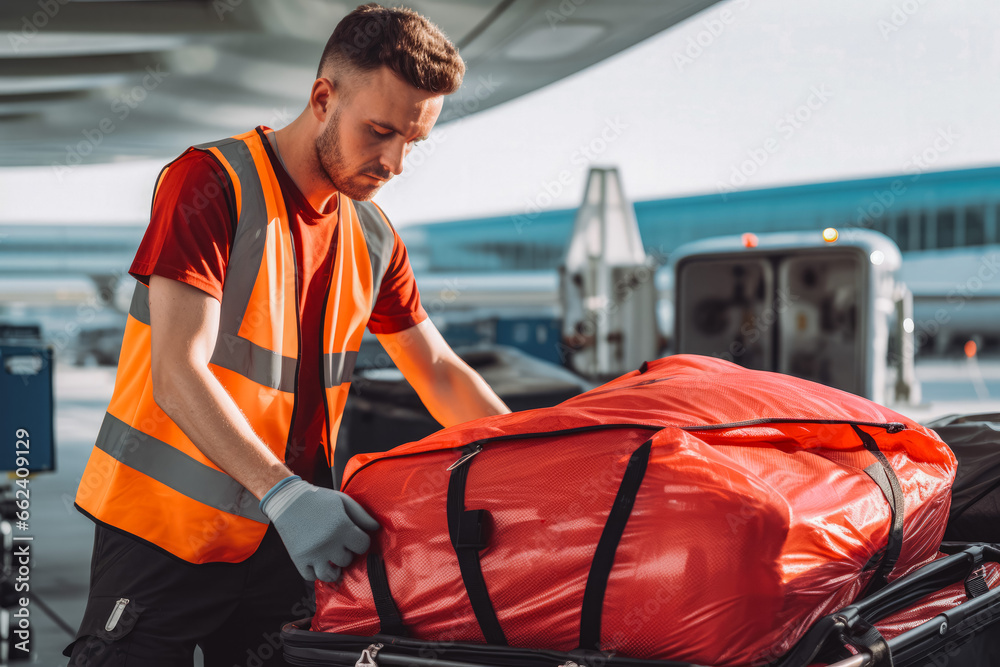 Man loading luggage on airplane. shot of young men loading luggage on