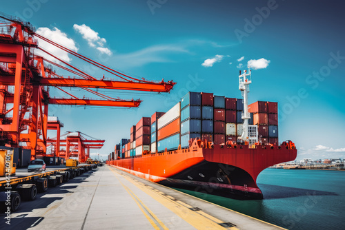 Loading shipping containers on cargo cargo ship.Cargo logistics concept. Industrial container yard for logistic import export business and forklift.