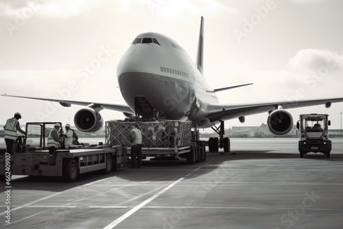 Loading cargo plane. Cargo logistics concept. Industrial container yard for logistic import export business and forklift. Plane loaded with cargo.