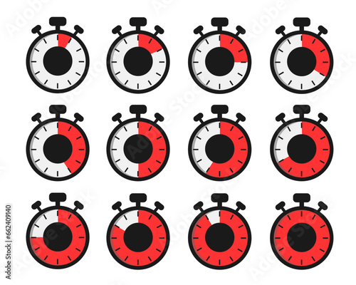 Stopwatches set. Online express delivery service, online order tracking. Timer, clock vector illustrations set