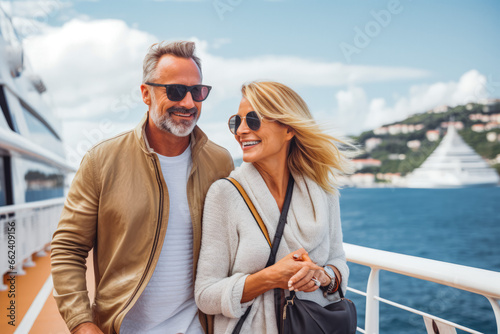 Beautiful middle aged couple enjoying cruise vacation on a sunny day. Couple on a sea cruises ship walking. couple on cruise in the Caribbean.