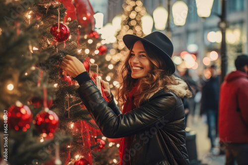 Happy portrait of  beautiful woman on the Christmas street