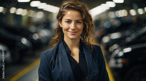 Beautiful attractive french female salesperson in her car showroom