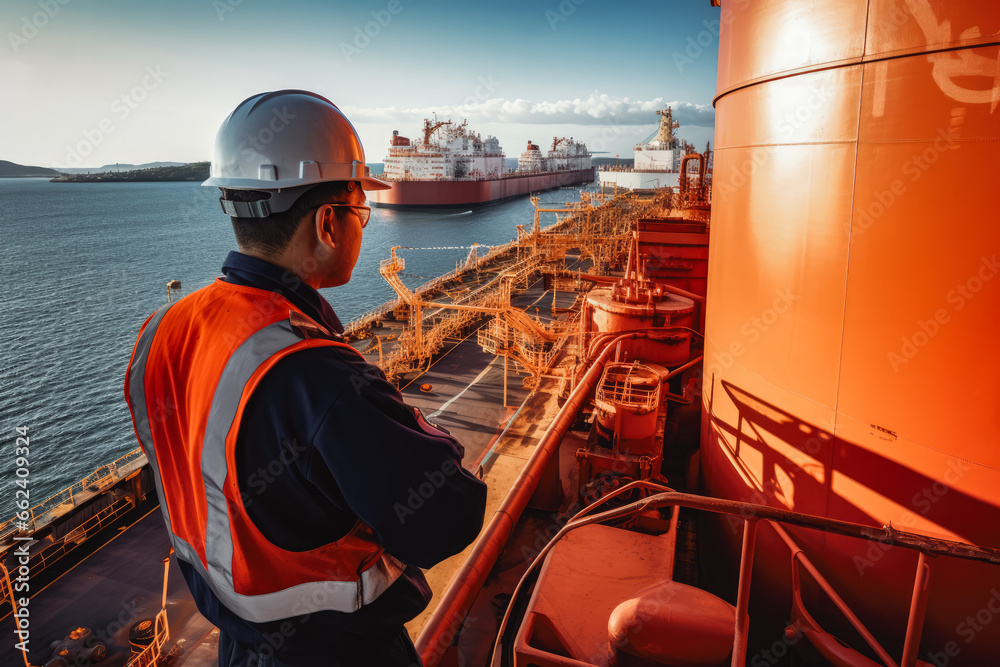 Worker on a cargo ship container. Confident storehouse worker on a