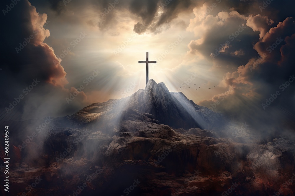Obraz premium Holy cross symbolizing the death and resurrection of Jesus Christ with The sky over Golgotha Hill is shrouded in light and clouds.