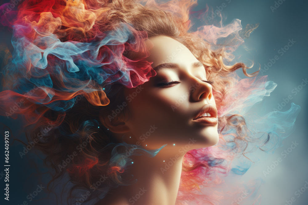 Woman head surrounded by colorful smoke