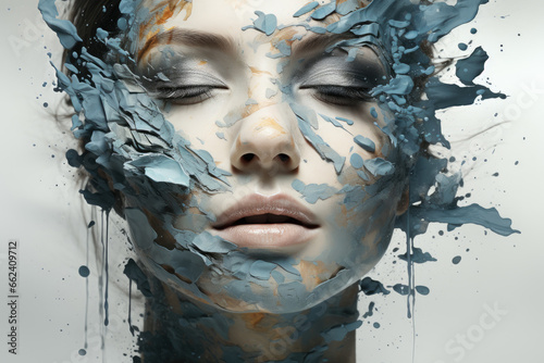 face of woman with blue paint splashes 